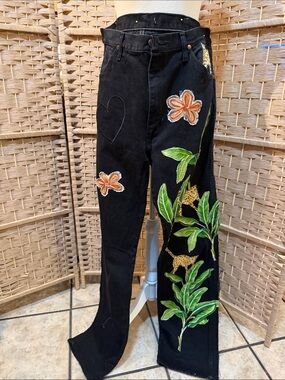 Wrangler Black Flare Jeans with Green Leaf and Orange Floral Accents